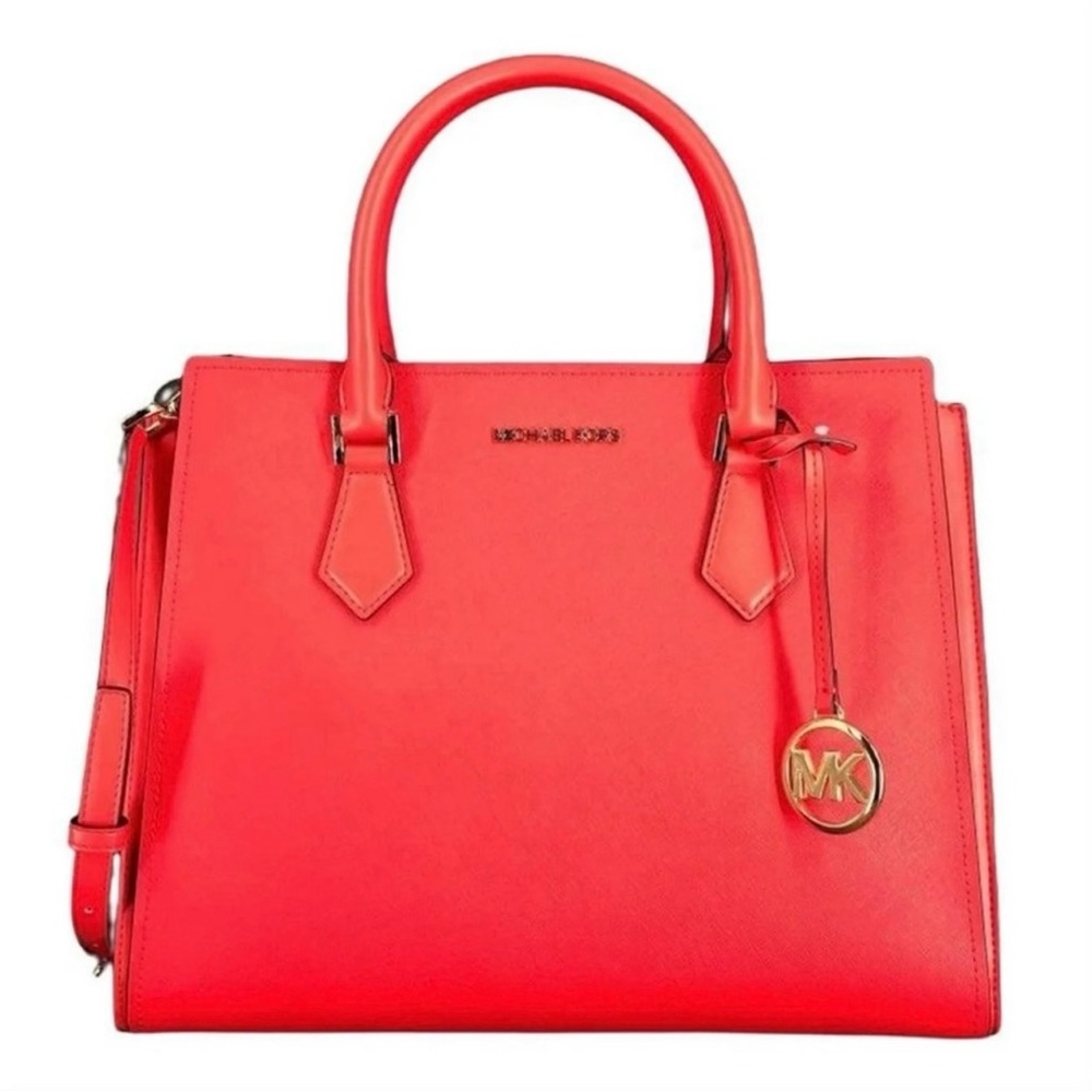 NWT Michael Kors Hope Medium Saffiano Leather Messenger/Satchel Bag Bright Red - Picture 1 of 12